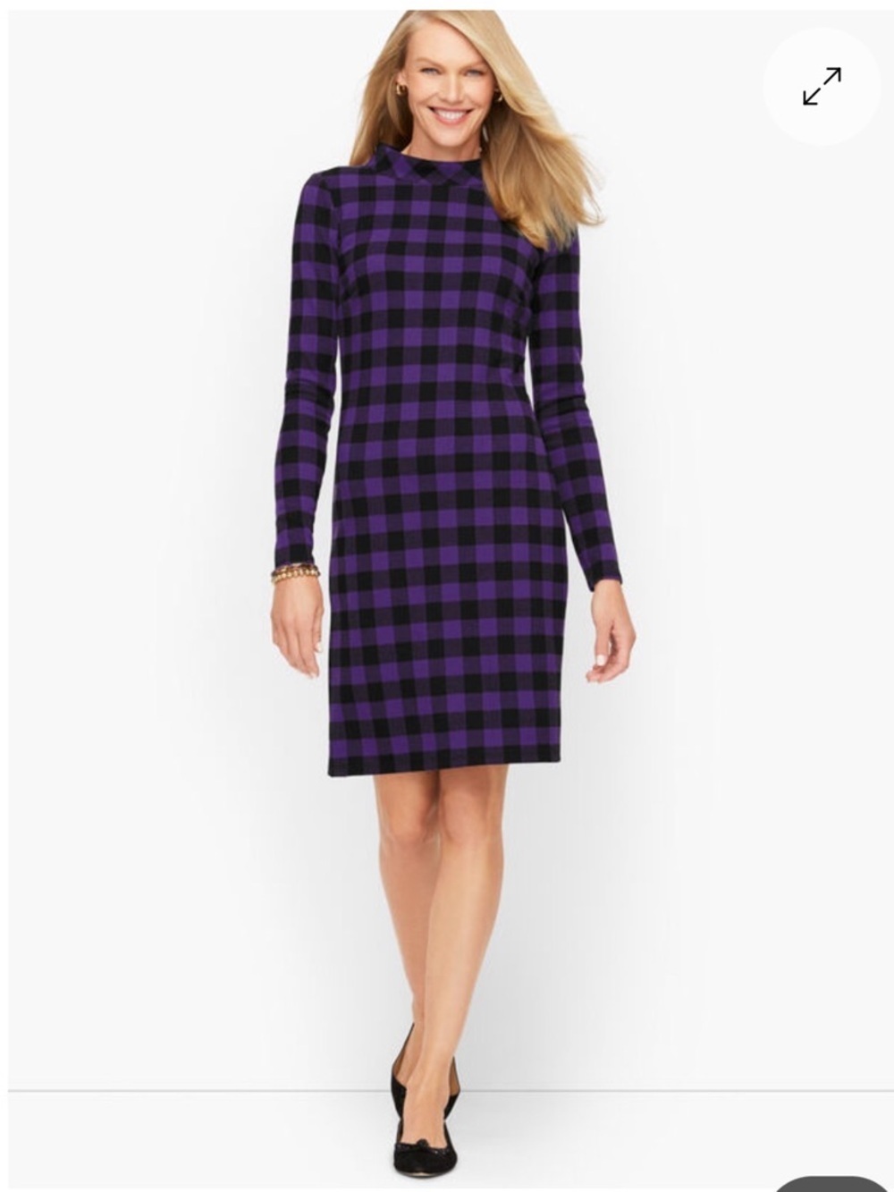 Talbots Purple Black Plaid Buffalo Check Long Sleeve Shift Dress Size 2X Office